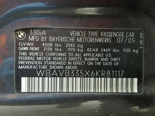 WBAVB335X6KR81117 - 2006 BMW 330 I CHARCOAL photo 10