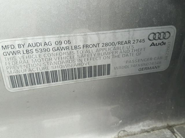 WAUDL74FX6N074146 - 2006 AUDI A6 4.2 QUA SILVER photo 10