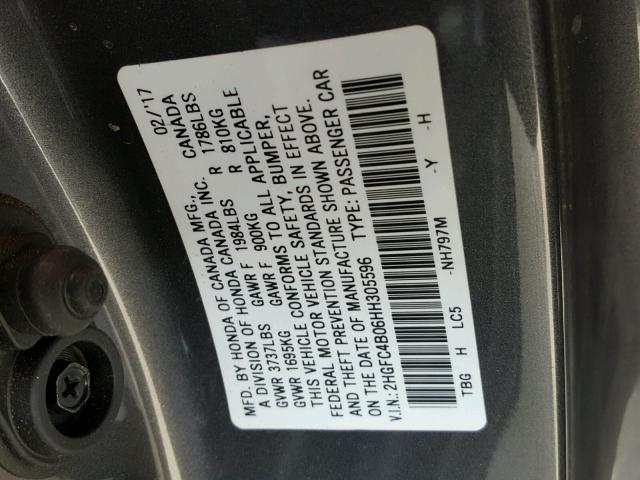 2HGFC4B06HH305596 - 2017 HONDA CIVIC LX GRAY photo 10