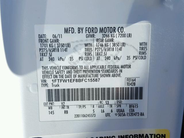 1FTFW1EF8BFC15587 - 2011 FORD F150 SUPER WHITE photo 10