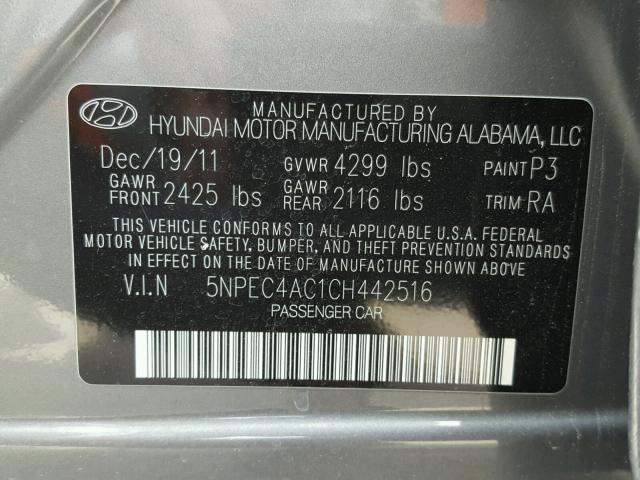 5NPEC4AC1CH442516 - 2012 HYUNDAI SONATA SE GRAY photo 10