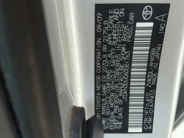 JTDKN3DU0A0061763 - 2010 TOYOTA PRIUS SILVER photo 10