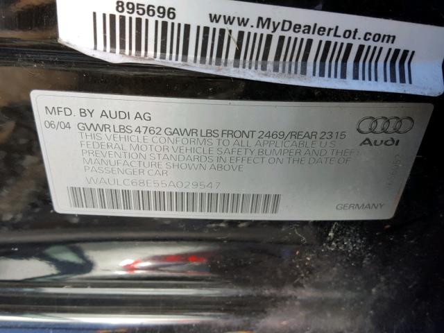 WAULC68E55A029547 - 2005 AUDI A4 1.8T QU BLACK photo 10