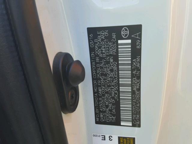 JTKJF5C73GJ023892 - 2016 TOYOTA SCION TC 白色 照片 10