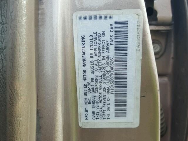 1Y1SK5287XZ405261 - 1999 CHEVROLET GEO PRIZM 金色 照片 10