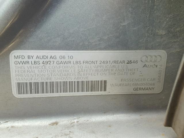 WAUFFAFL4BN004068 - 2011 AUDI A4 PREMIUM SILVER photo 10