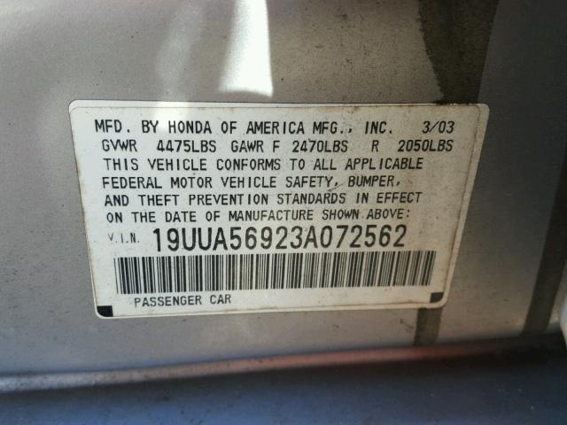 19UUA56923A072562 - 2003 ACURA 3.2TL TYPE SILVER photo 10