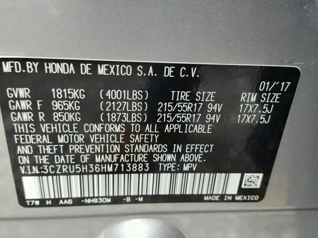 3CZRU5H36HM713883 - 2017 HONDA HR-V LX SILVER photo 10