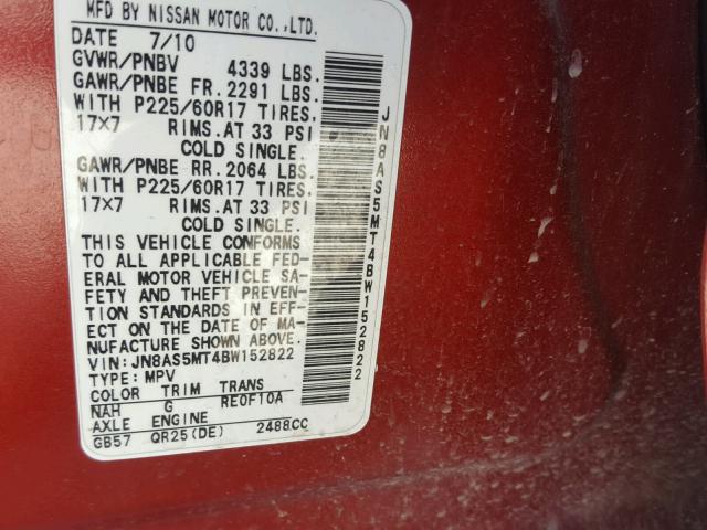 JN8AS5MT4BW152822 - 2011 NISSAN ROGUE S RED photo 10