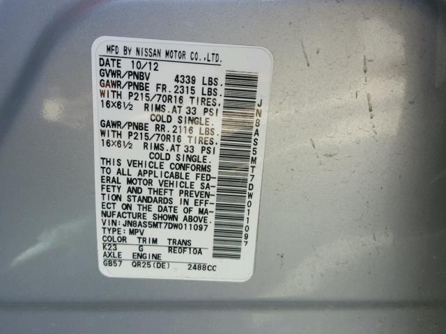 JN8AS5MT7DW011097 - 2013 NISSAN ROGUE S SILVER photo 10