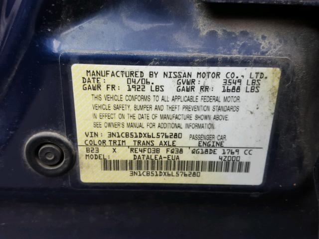 3N1CB51DX6L576280 - 2006 NISSAN SENTRA 1.8 BLUE photo 10