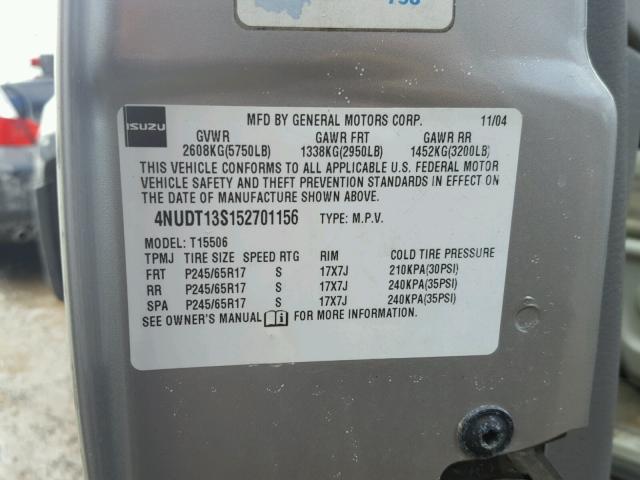 4NUDT13S152701156 - 2005 ISUZU ASCENDER S 银色 照片 10