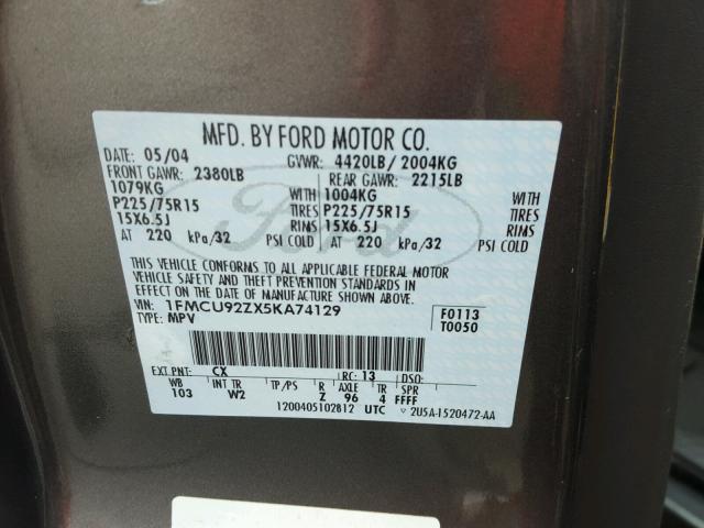 1FMCU92ZX5KA74129 - 2005 FORD ESCAPE XLS GRAY photo 10