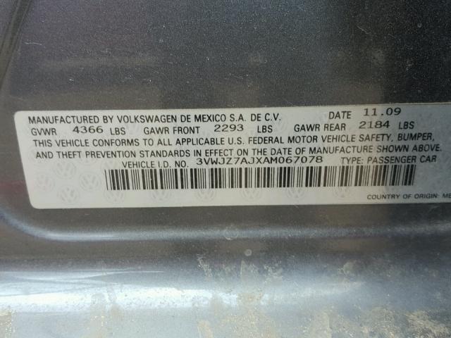 3VWJZ7AJXAM067078 - 2010 VOLKSWAGEN JETTA S 灰色 照片 10