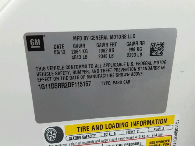 1G11D5RR2DF115167 - 2013 CHEVROLET MALIBU 1LT 白色 照片 10