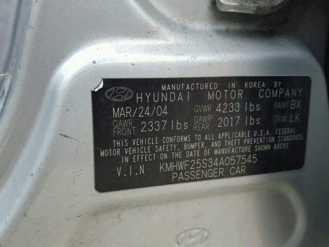 KMHWF25S34A057545 - 2004 HYUNDAI SONATA GL SILVER photo 10