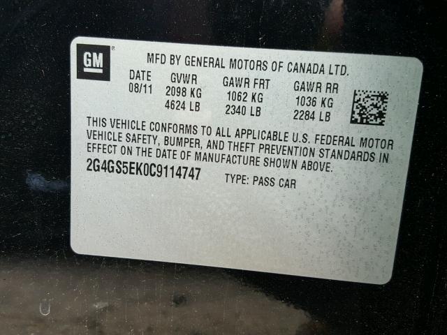 2G4GS5EK0C9114747 - 2012 BUICK REGAL PREM BLACK photo 10