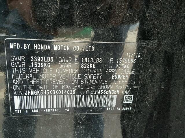 JHMGK5H5XGX014039 - 2016 HONDA FIT LX أسود صورة 10