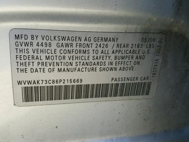 WVWAK73C86P215669 - 2006 VOLKSWAGEN PASSAT 2.0 SILVER photo 10