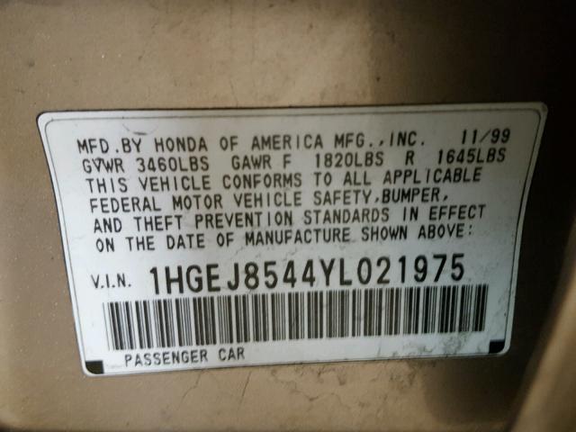 1HGEJ8544YL021975 - 2000 HONDA CIVIC EX 米色 照片 10