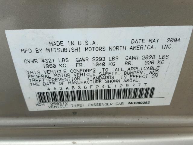 4A3AB36F24E129777 - 2004 MITSUBISHI GALANT ES GOLD photo 10