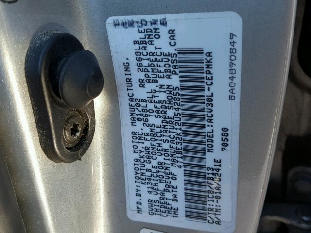 4T1BE32K12U542855 - 2002 TOYOTA CAMRY LE SILVER photo 10