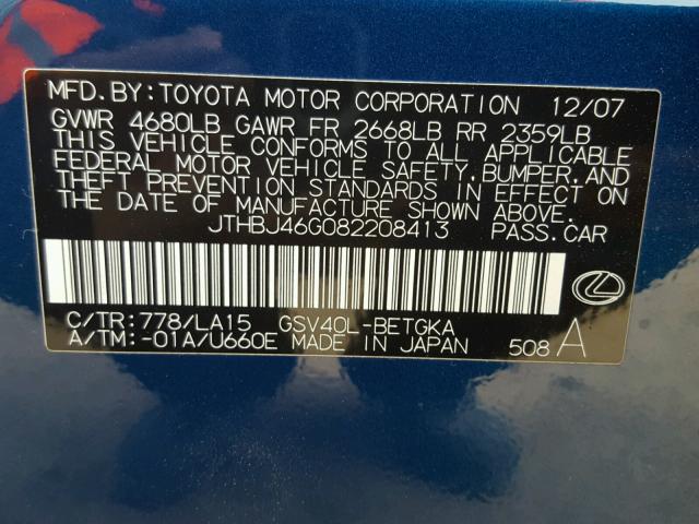 JTHBJ46G082208413 - 2008 LEXUS ES 350 BLUE photo 10