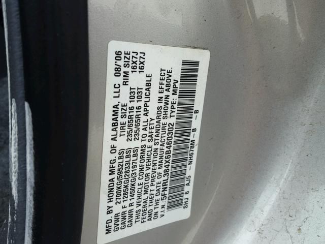 5FNRL384X6B460302 - 2006 HONDA ODYSSEY EX GRAY photo 10