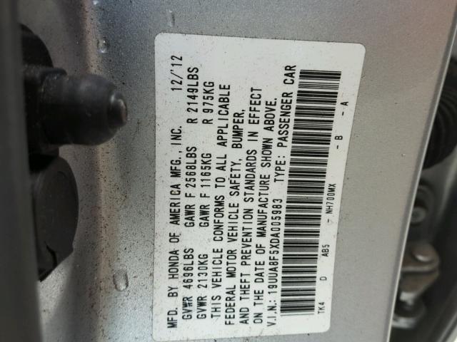 19UUA8F5XDA005983 - 2013 ACURA TL TECH SILVER photo 10