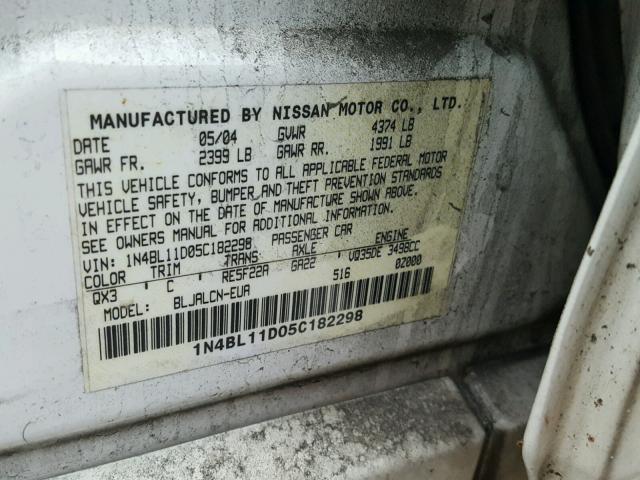 1N4BL11D05C182298 - 2005 NISSAN ALTIMA SE WHITE photo 10