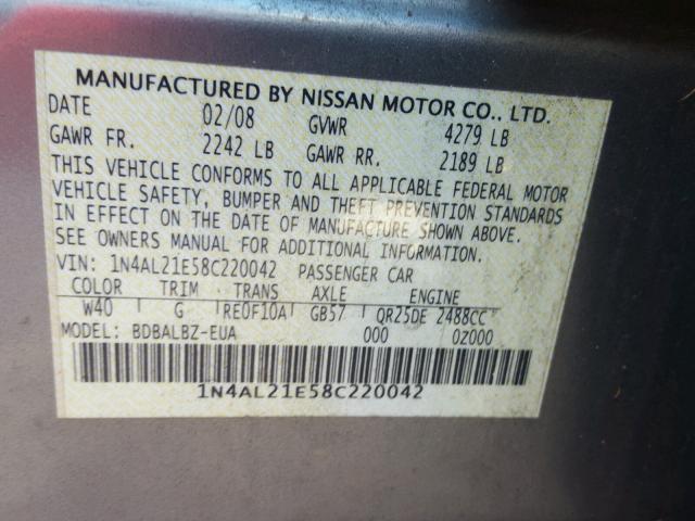 1N4AL21E58C220042 - 2008 NISSAN ALTIMA 2.5 SILVER photo 10