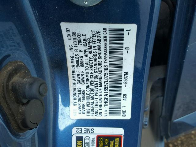 1HGFA16557L075108 - 2007 HONDA CIVIC LX BLUE photo 10