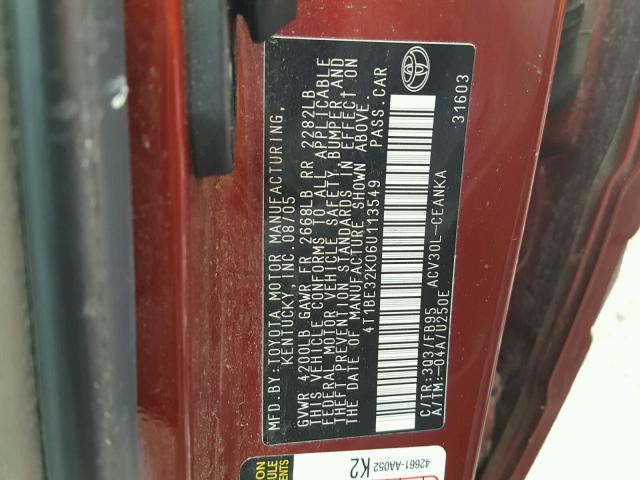 4T1BE32K06U113549 - 2006 TOYOTA CAMRY LE RED photo 10