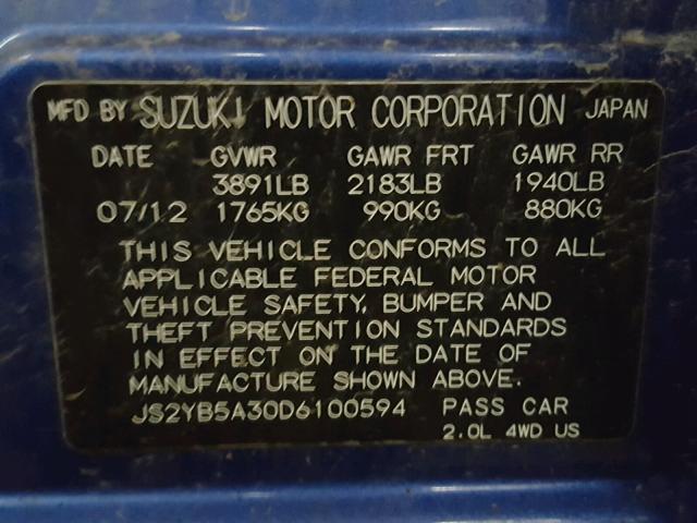 JS2YB5A30D6100594 - 2013 SUZUKI SX4 BASE BLUE photo 10