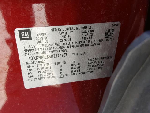 1GKKNMLS3HZ174767 - 2017 GMC ACADIA SLT წითელი ფოტო 10