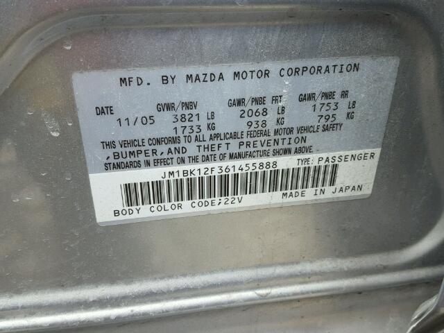 JM1BK12F361455888 - 2006 MAZDA 3 I SILVER photo 10