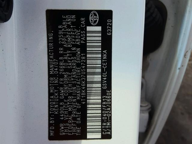 4T1BK46K37U547281 - 2007 TOYOTA CAMRY NEW WHITE photo 10