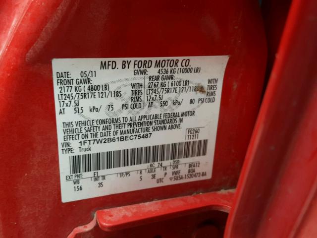 1FT7W2B61BEC75487 - 2011 FORD F250 SUPER RED photo 10