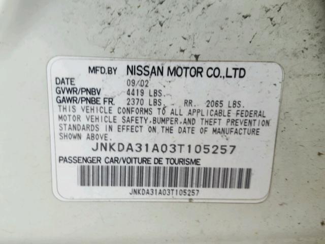 JNKDA31A03T105257 - 2003 INFINITI I35 CREAM photo 10