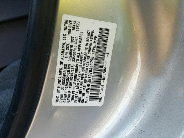 5FNRL38727B411798 - 2007 HONDA ODYSSEY EX SILVER photo 10