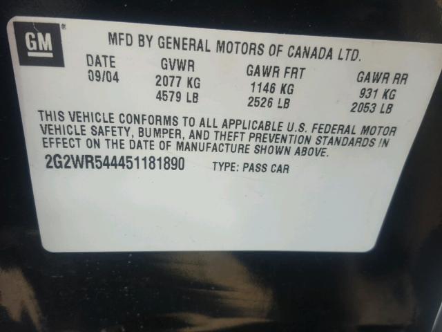 2G2WR544451181890 - 2005 PONTIAC GRAND PRIX BLACK photo 10