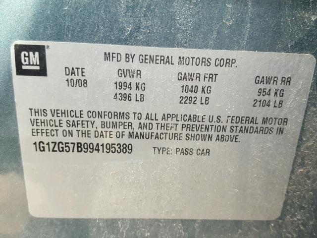 1G1ZG57B994195389 - 2009 CHEVROLET MALIBU LS ტალღისფერი ფოტო 10