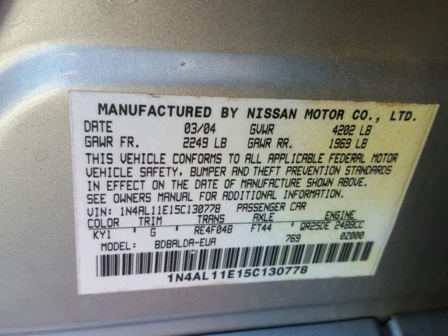 1N4AL11E15C130778 - 2005 NISSAN ALTIMA S SILVER photo 10