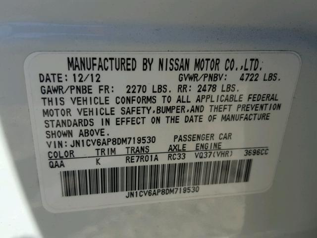 JN1CV6AP8DM719530 - 2013 INFINITI G37 BASE WHITE photo 10