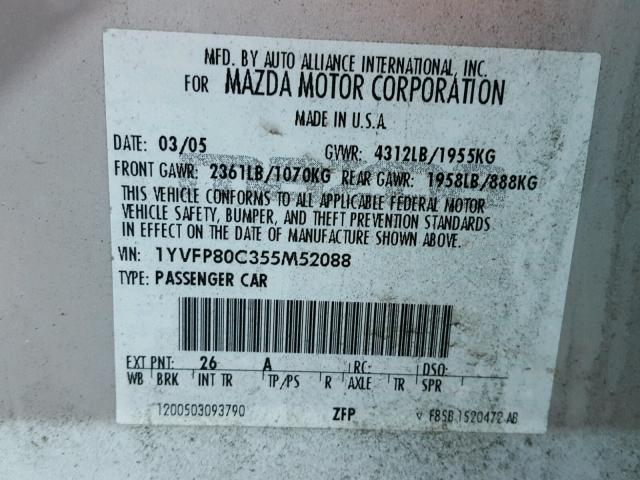 1YVFP80C355M52088 - 2005 MAZDA 6 I GRAY photo 10