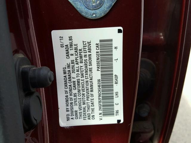 2HGFB2F96CH546356 - 2012 HONDA CIVIC EXL Qırmızı foto 10