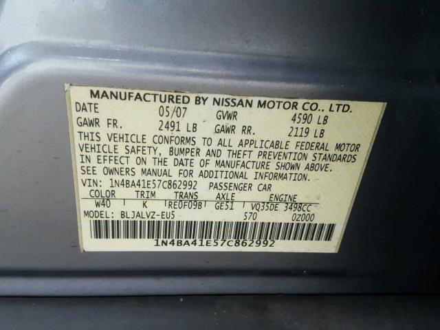 1N4BA41E57C862992 - 2007 NISSAN MAXIMA SE BLUE photo 10