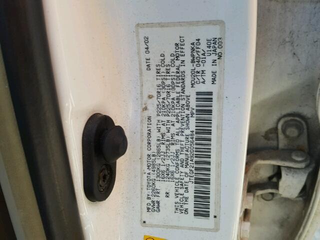 JTEGF21A920056484 - 2002 TOYOTA HIGHLANDER WHITE photo 10