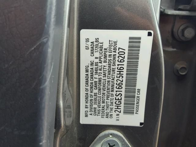 2HGES16625H616207 - 2005 HONDA CIVIC LX SILVER photo 10