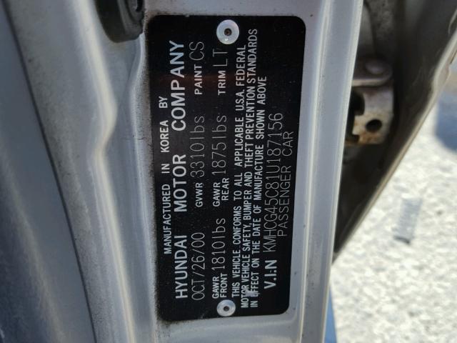 KMHCG45C81U187156 - 2001 HYUNDAI ACCENT GL SILVER photo 10